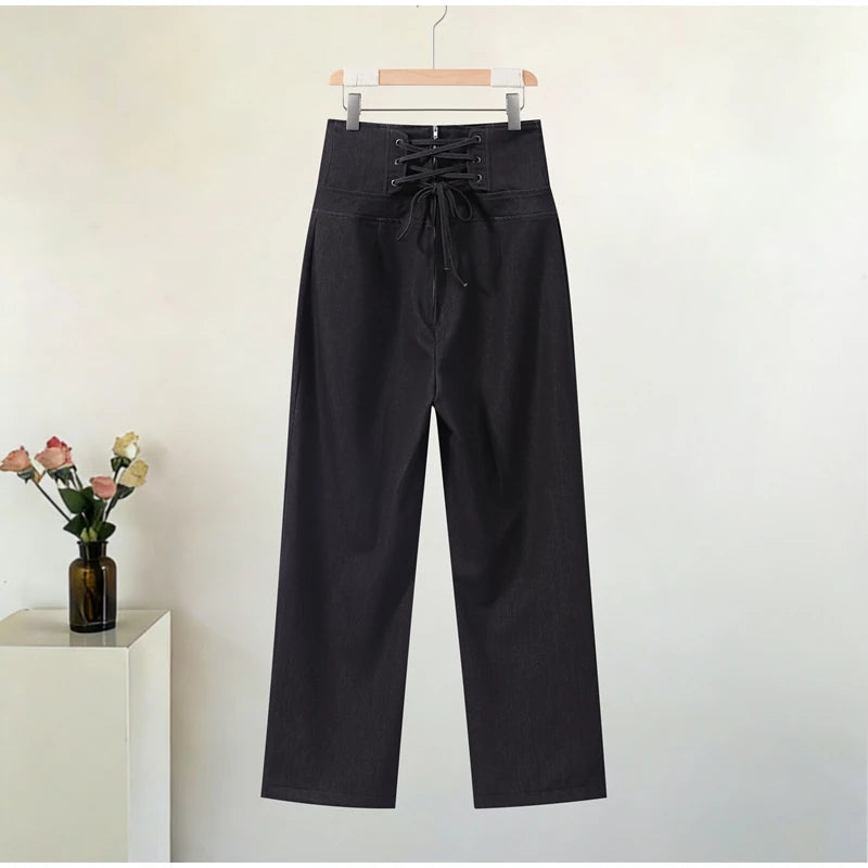 Street Denim Casual Top and Wide Leg Pants Set for Women