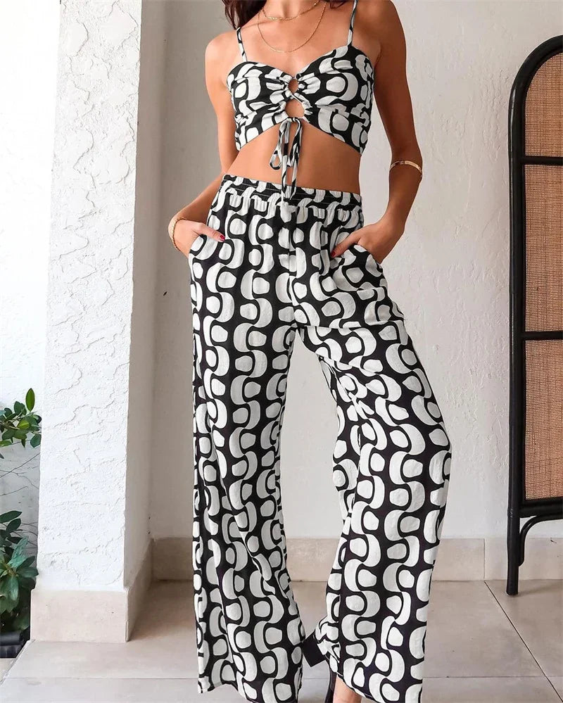 Black White Print 2 Piece Outfit Set Women Clubwear Hollow Out Spaghetti Strap Lace-up Crop Top and Wide Leg Pants Matching Sets