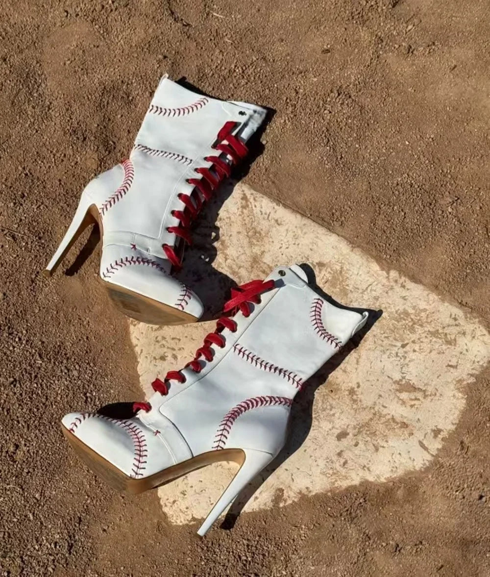 White Red Baseball Lace Stiletto Boots