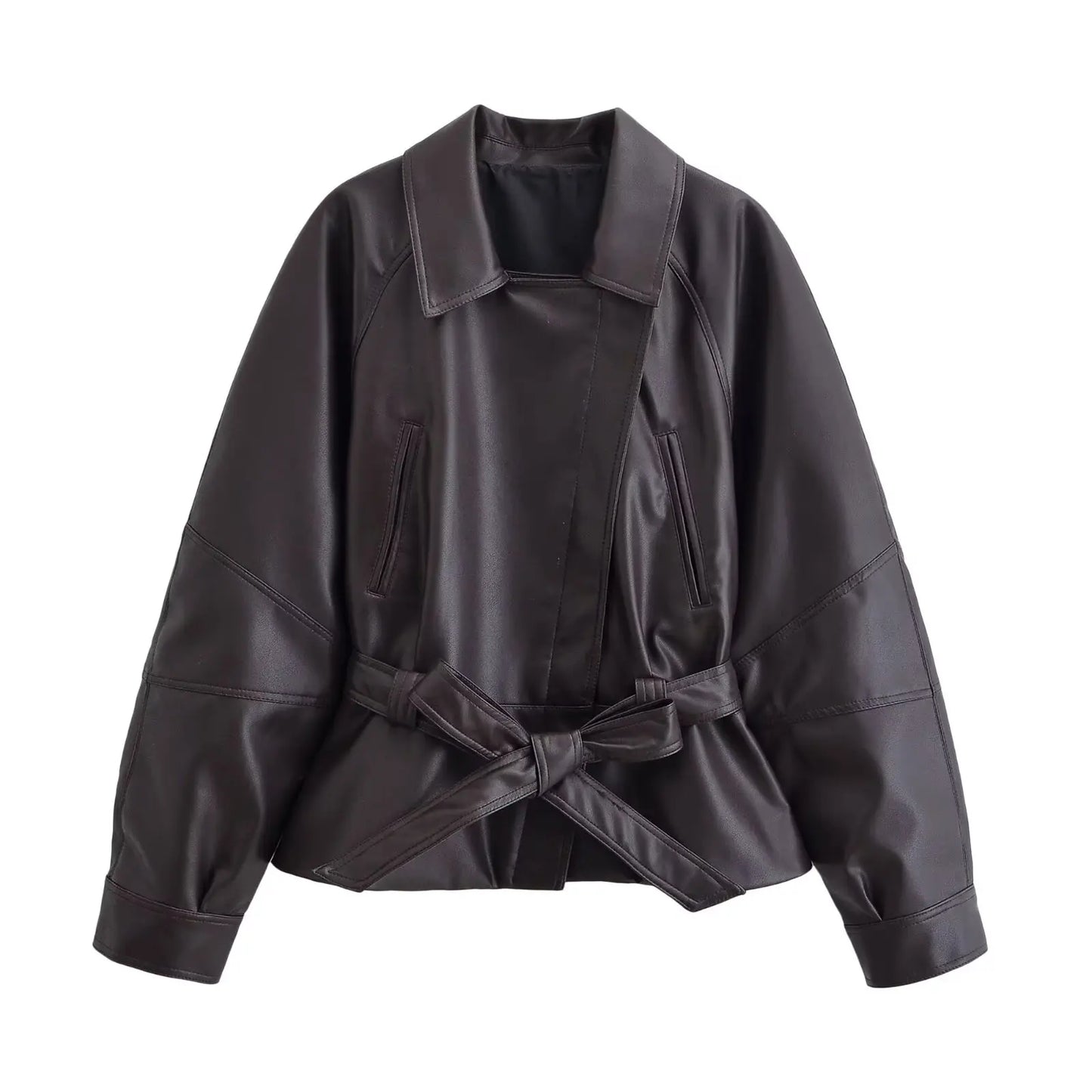 Vintage Black Belted Faux Leather Jacket for Women