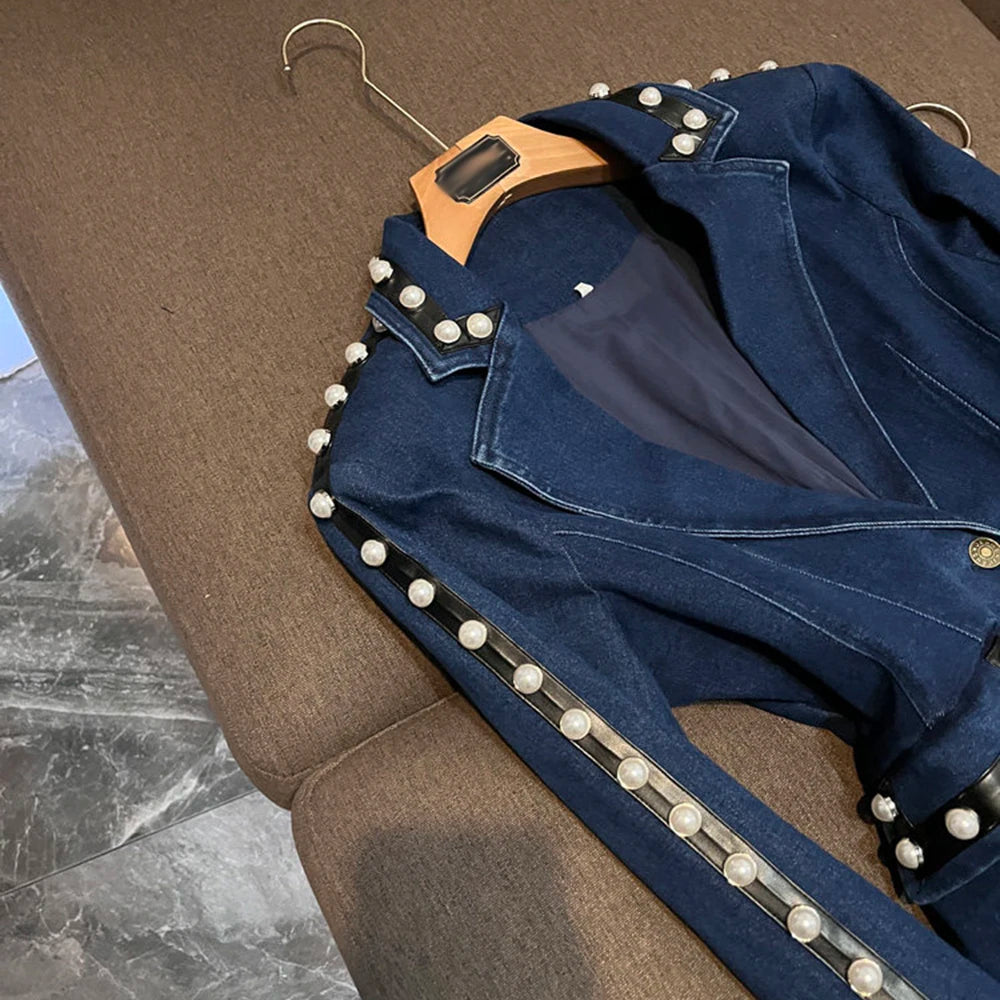 TWOTWINSTYLE Blue Denim Pearl Embellished Suit for Women Tailored Blazer Flared Pants Two Piece Set for Fashion Shows KSE559320