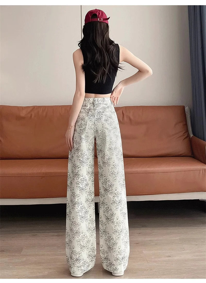 High Rise Wide Leg Printed Denim Pants For Women