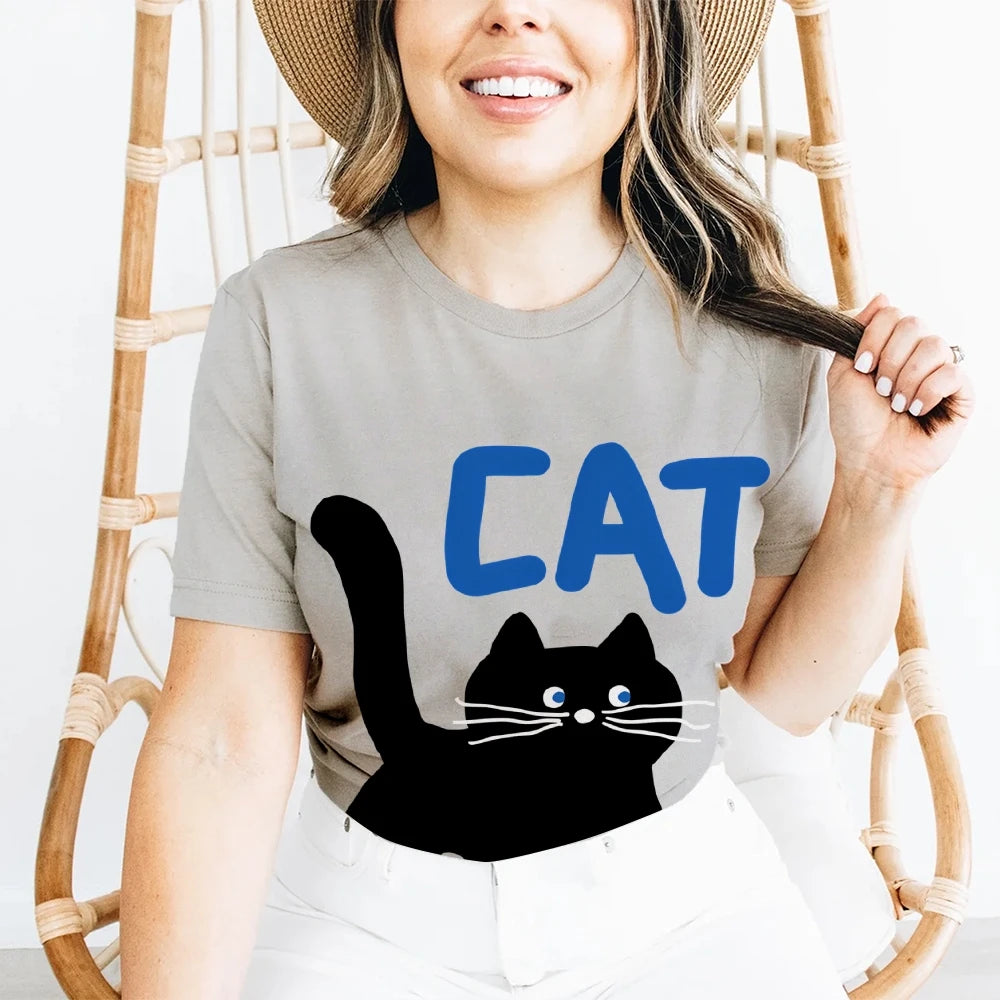 Women's Basic Crew Neck Tee Trendy Y2K Women's Short Sleeve Cartoon Cat Print Cute Aesthetic Cotton Casual T-Shirt