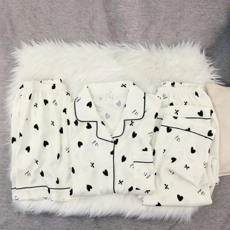Korean Cute Heart Bow Print Pajamas Set Women 3 Piece Summer Soft Harajuku Style Homewear Sweet Love Pattern PJ Loungewear