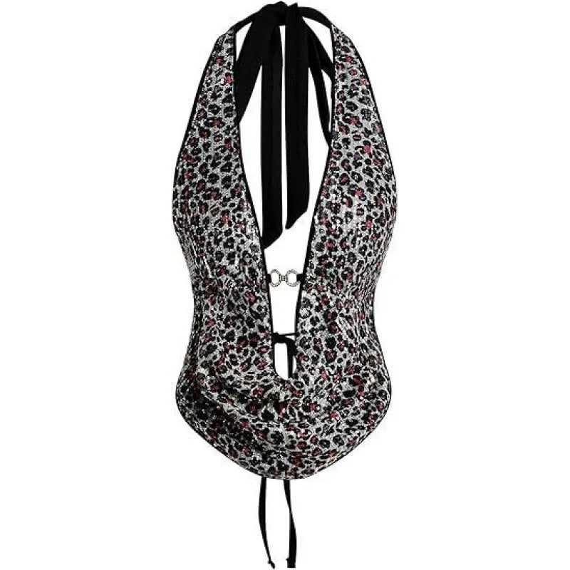 Sequin Snake Print Open Back Sleeveless Halter Top for Women