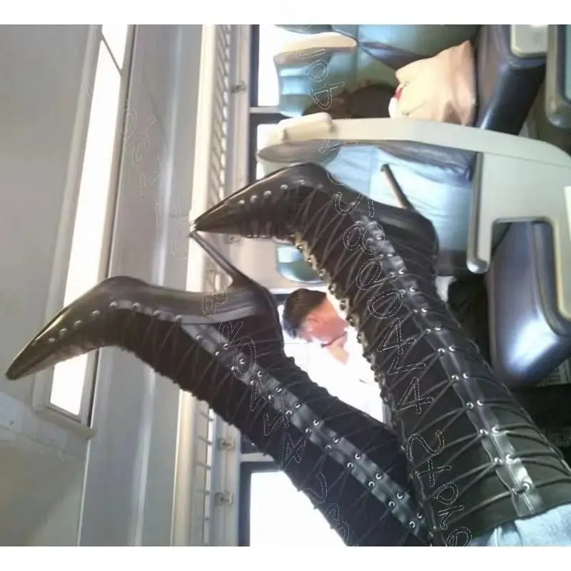 Black Patchwork Cross Tie Pointed Toe Heeled Boots for Women