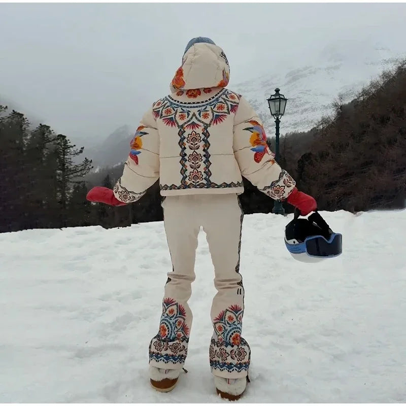 Printed Hooded Ski Jacket And Wide Leg Pants Set for Women