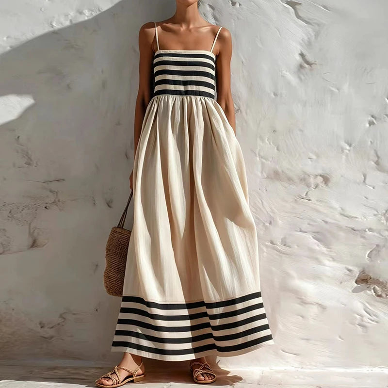 Striped Backless Spaghetti Strap Maxi Dress for Women