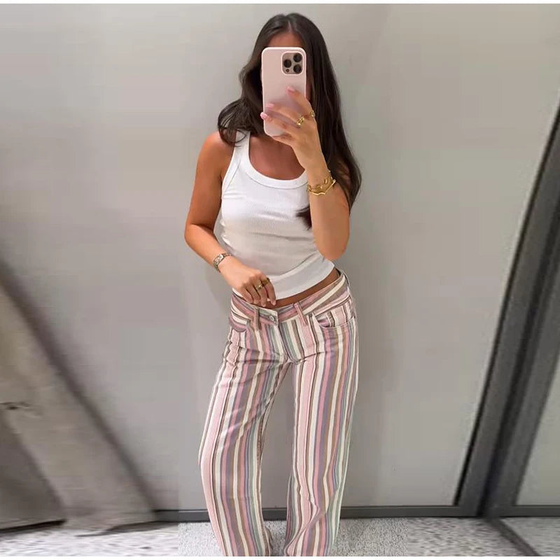 Color Block Rainbow Stripe Wide Leg Jeans for Women