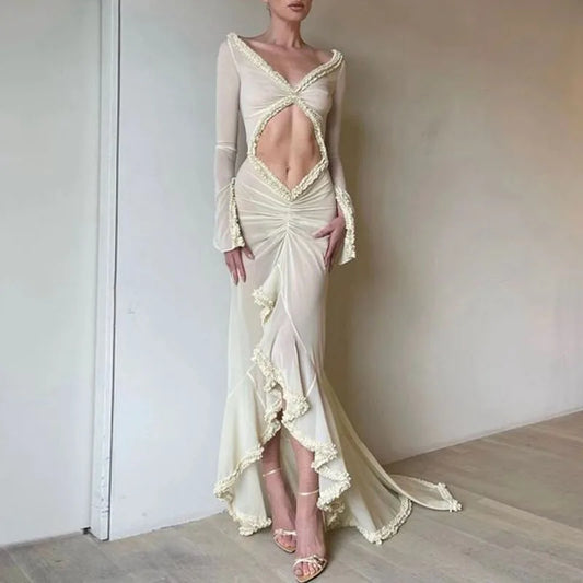 Ruffle Trim Mesh Maxi Dress