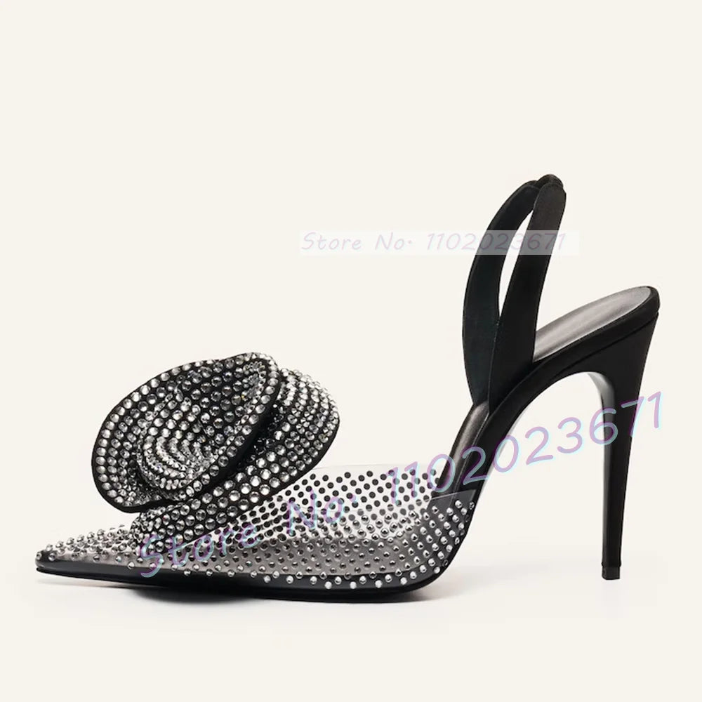 Pointy Rhinestone Flower Pvc Sandals Women Slingback Transparent High Heels Sandals Summer Runway Female Luxury Party Shoes