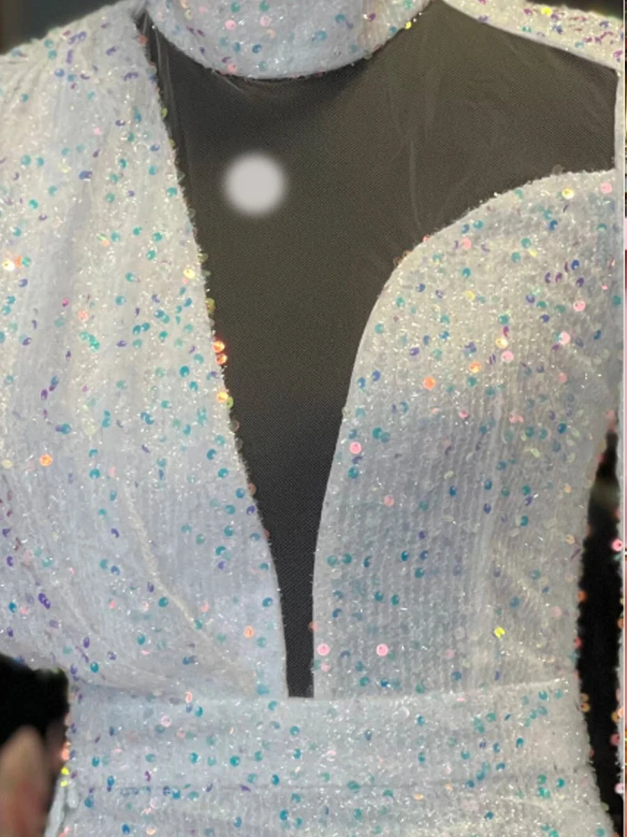 Missord White Sequin Mini Dress Women See Through High Neck Long Sleeve Draped Bodycon Party Evening Dresses Short Gown