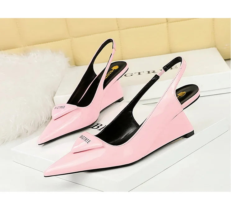 Patent Leather Wedge Heel Pumps With Back Strap for Women
