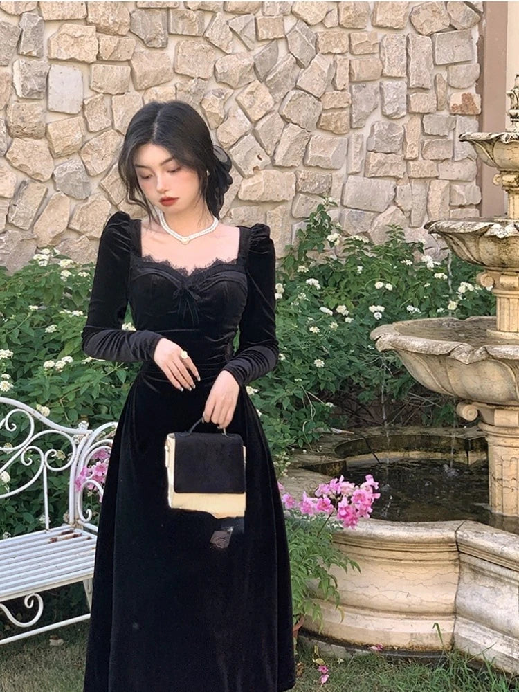 Elegant Gothic Velvet Long Sleeve Midi Dress for Women