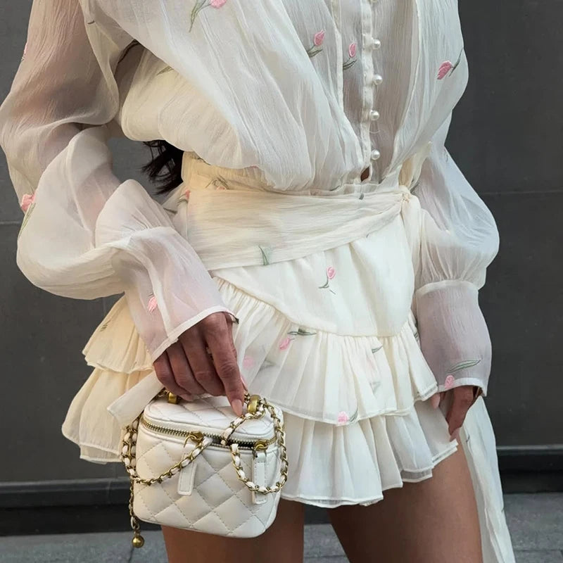 Elegant Print V-Neck Long Sleeve Pleated Patchwork Dress for Women