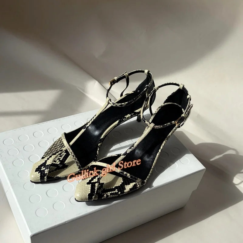 Snake Skin Kitten Heel Sandals T Strap Pointed Toe for Women