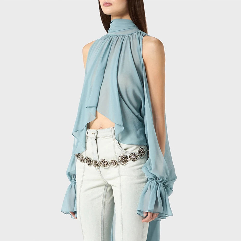 Loose Fit Asymmetrical Hem Chiffon Blouse for Women