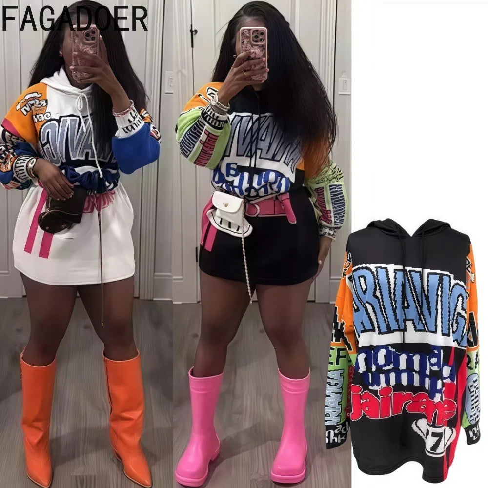 FAGADOER Spring New Retro Letter Printing Sweatshirts Women Long Sleeve Drawstring Loose Hoodie Top Fashion Female Streetwear