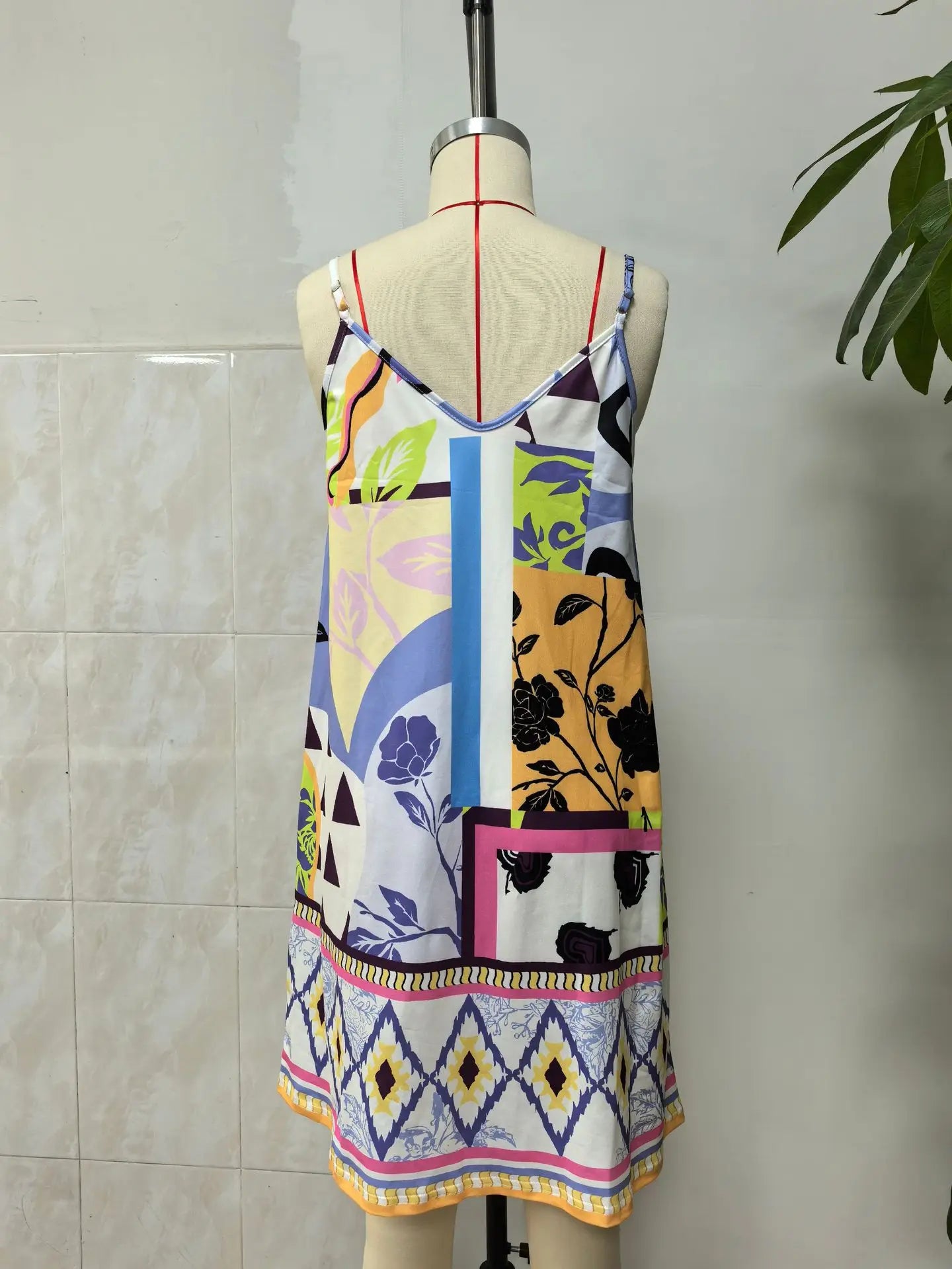 Geometric Print Backless Sleeveless Slip Dress for Women