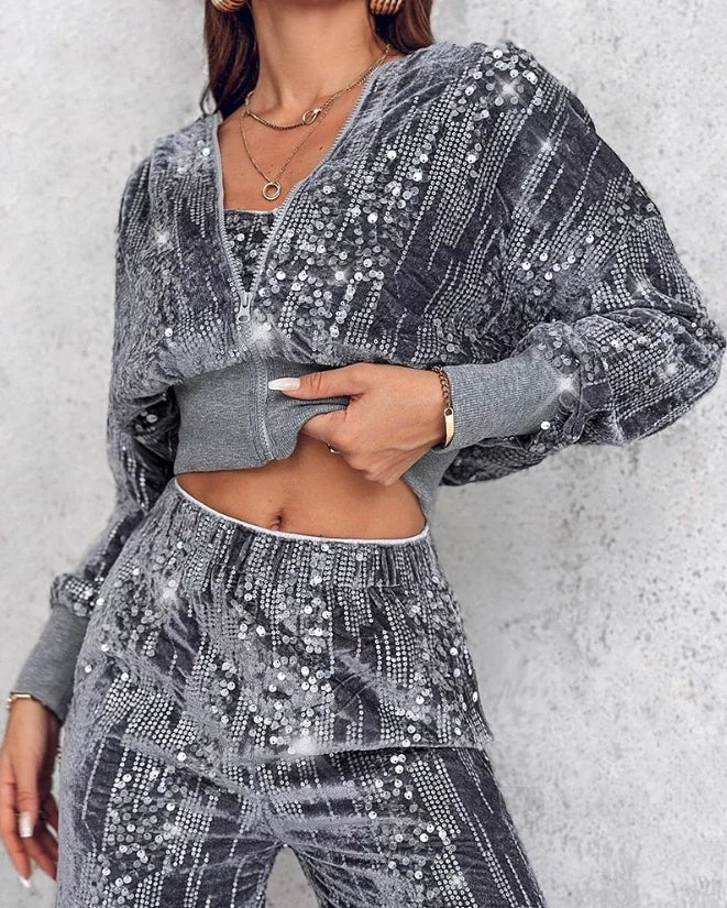 Fashion Sequin Jacket Women Clothing Hooded Y2k Casual Velvet Contrast Daily Long Sleeve Zip Up Coats for Female Streetwear