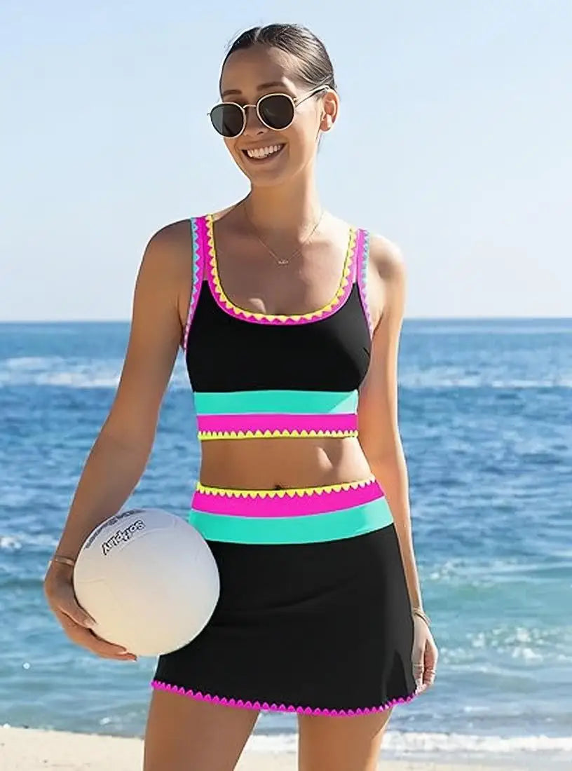 Women's Bikinis And Tankinis High Waist Color-blocked Zigzag Swimsuit 2026 Three Piece Cover-ups Bikini Beach Vacation Swimwear
