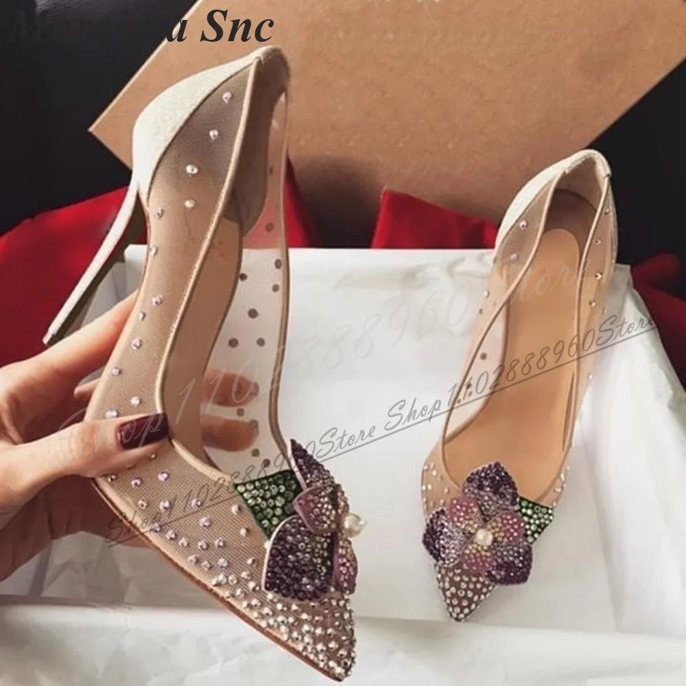 Elegant Mesh Crystal Floral Pointed Toe Pumps For Women
