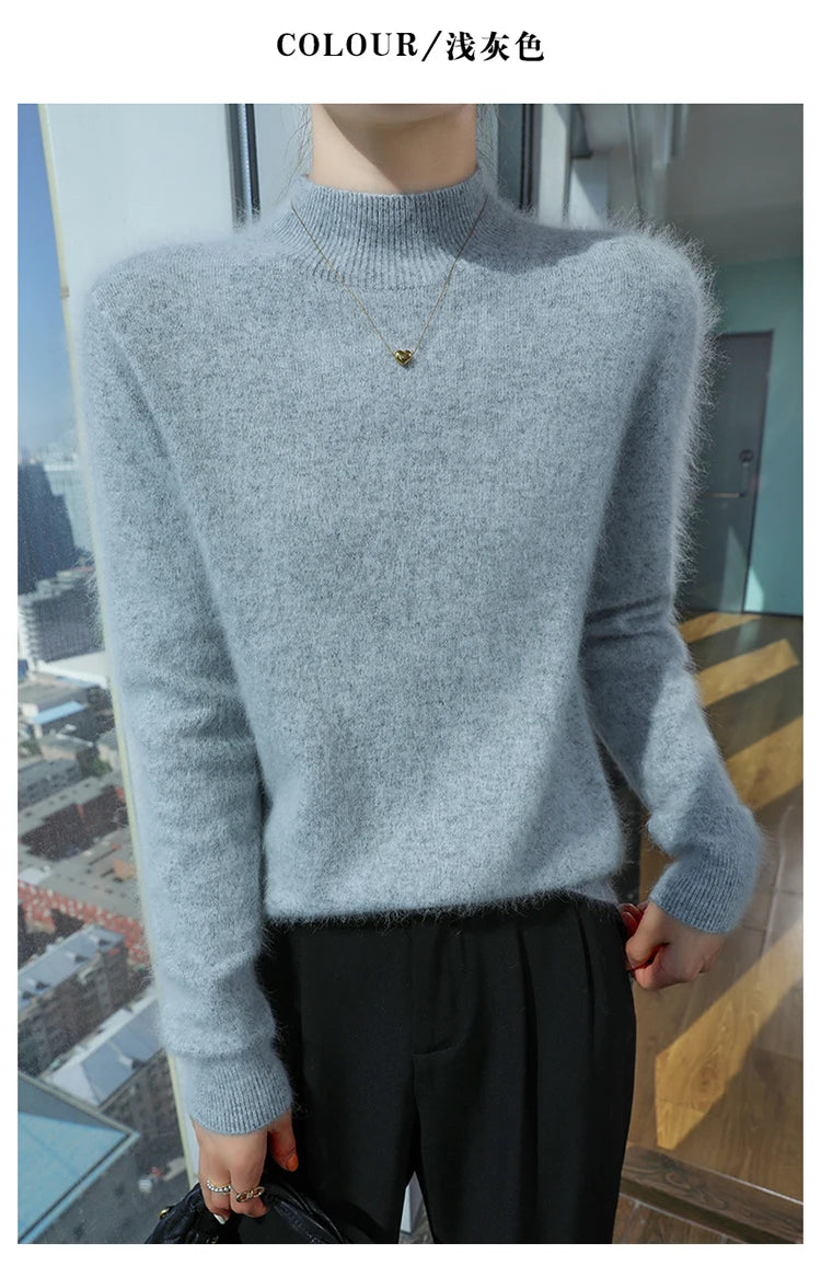 Loose Cashmere Knit Half High Neck Pullover Sweater for Women