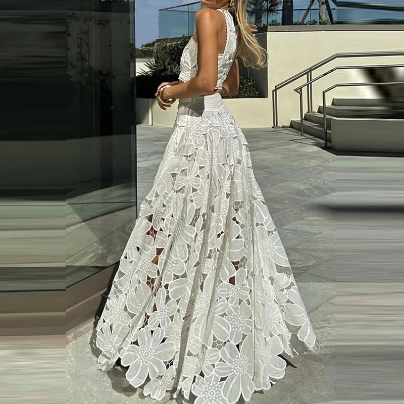 Spring Summer Holiday Boho Outfit Women Sexy O Neck Sleeveless Crop Top & Maxi Skirts Set 2025 Fashion Embroidery Lace 2pcs Suit