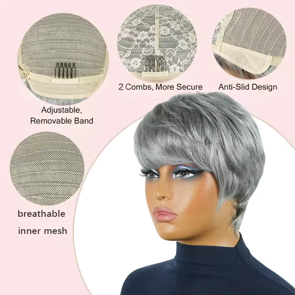 Silver Grey Straight Pixie Cut Premium Human Hair Wig For Women