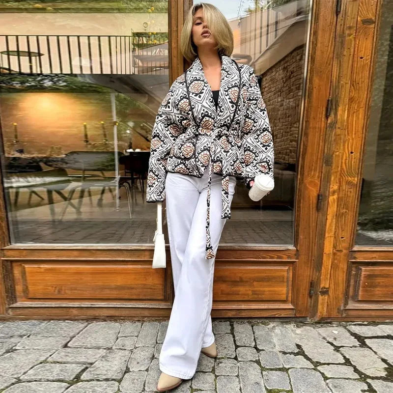 Printed Cotton Padded Winter Coat with V Neck for Women