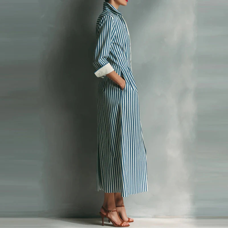 Casual Long Sleeve Stripe Print Dresses Fashion Turn Down Collar Pocket Shirt Dress Women Elegant Button Hight Waist Long Dress