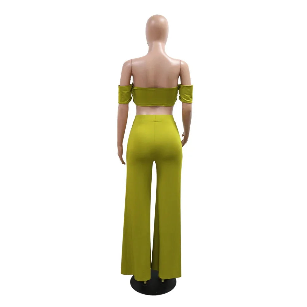 Ruched Slash Neck Top and Wide Leg Pants Set for Women