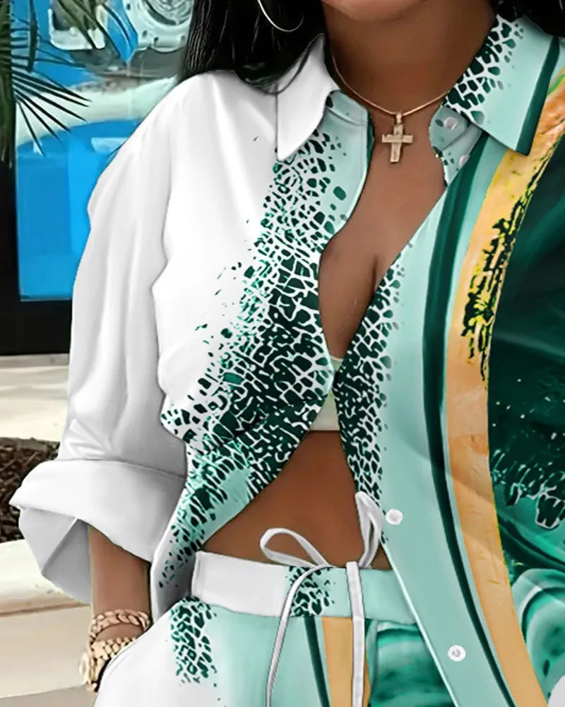 Casual Geometric Print Shirt Shorts Two Piece Set for Women