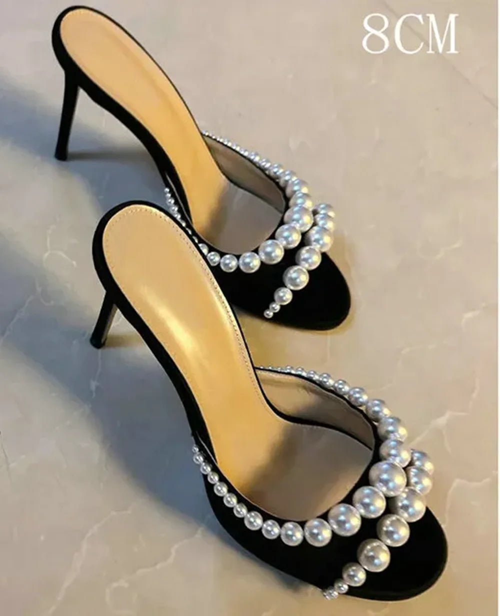 Black Satin Pearl Stiletto Sandals