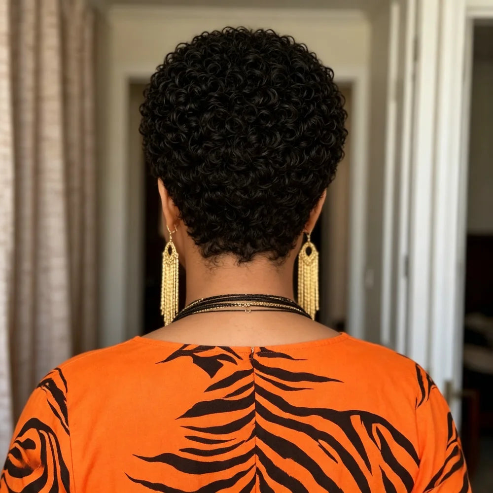 Natural Black Short Curly Human Hair Pixie Wig for Women
