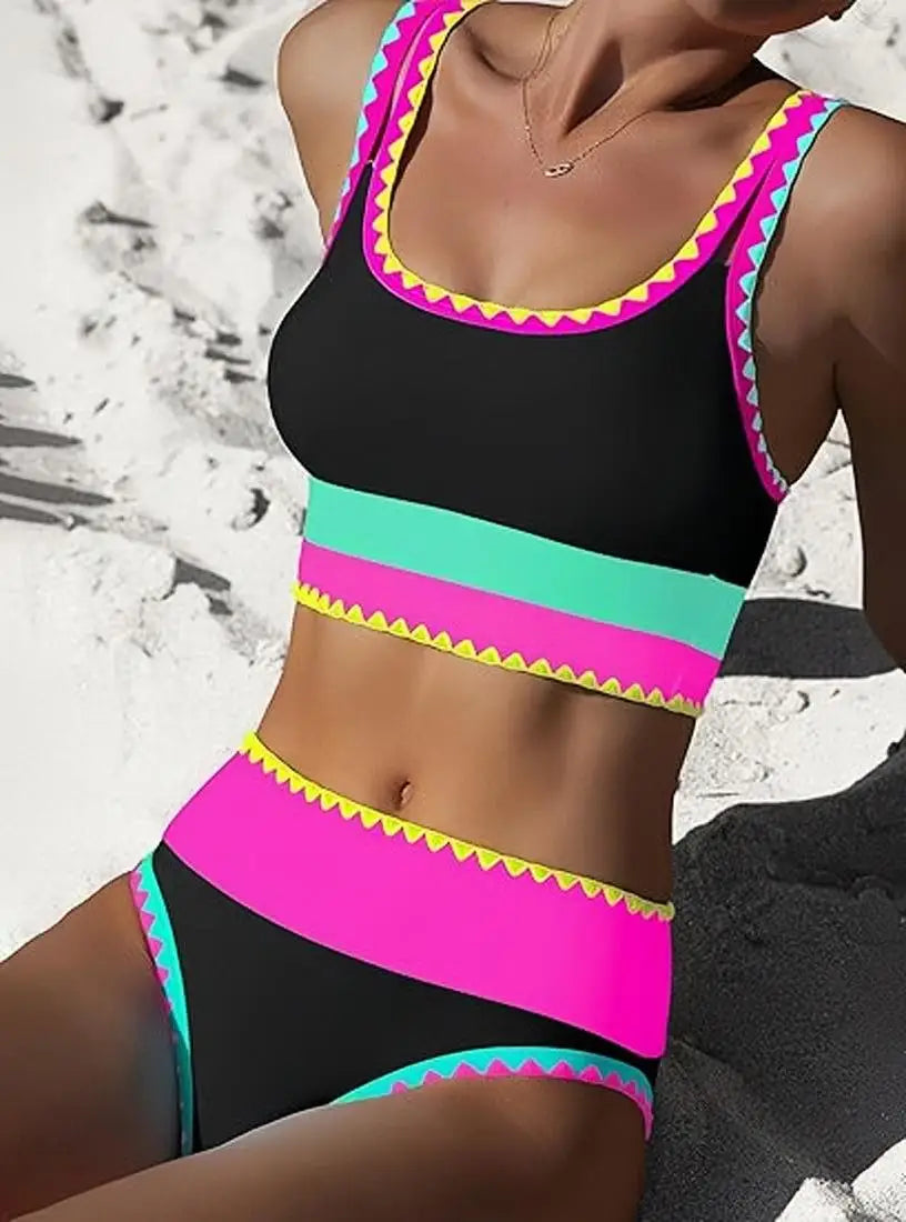 Women's Bikinis And Tankinis High Waist Color-blocked Zigzag Swimsuit 2026 Three Piece Cover-ups Bikini Beach Vacation Swimwear