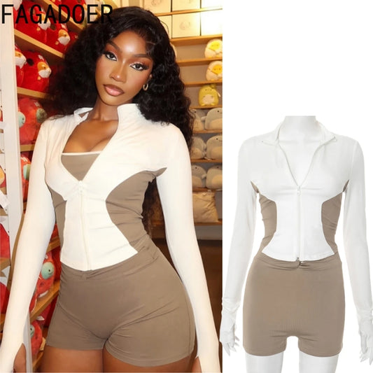 FAGADOER Fashion Street Color Stitching Two Piece Sets Women Zip Long Sleeve Slim Top And Kink Shorts Outfits Summer 2pcs Suits