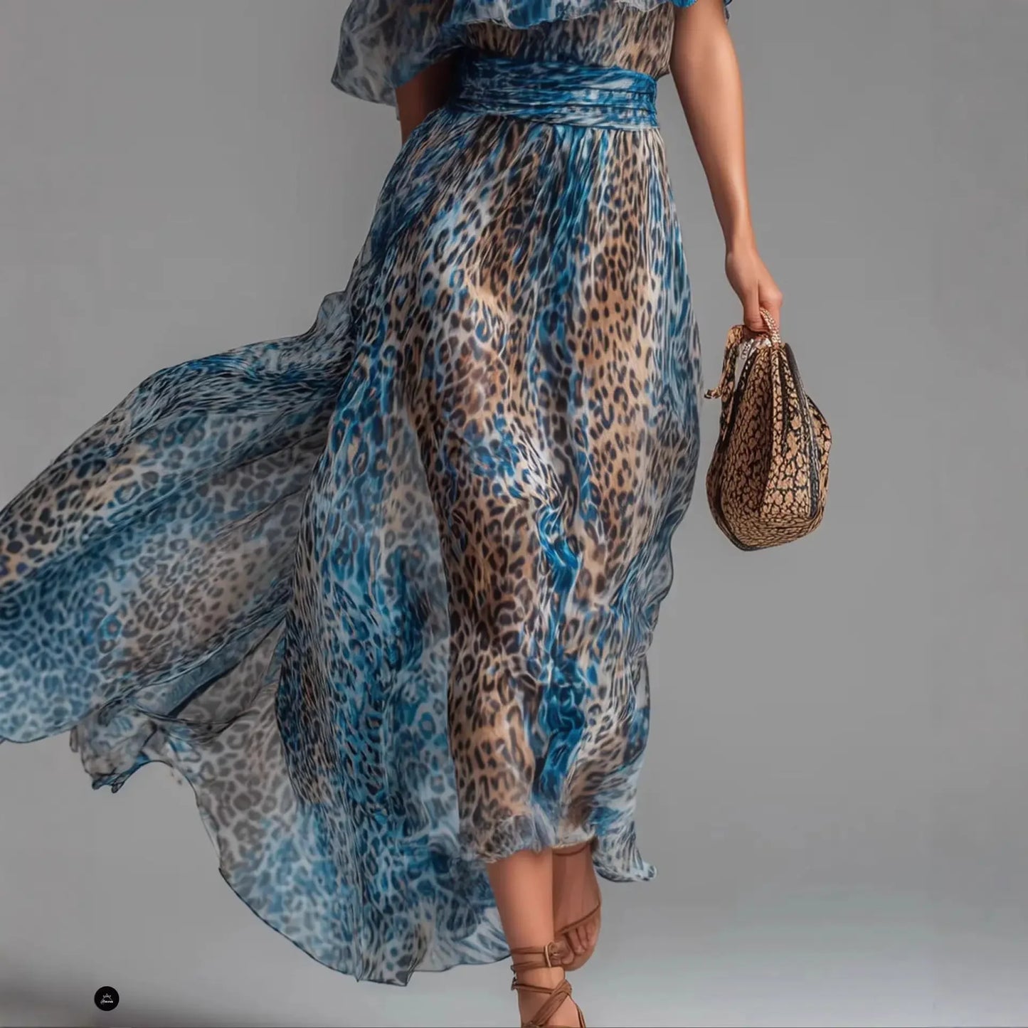 Leopard Print Ruffle Chiffon Flowing Maxi Dress for Women