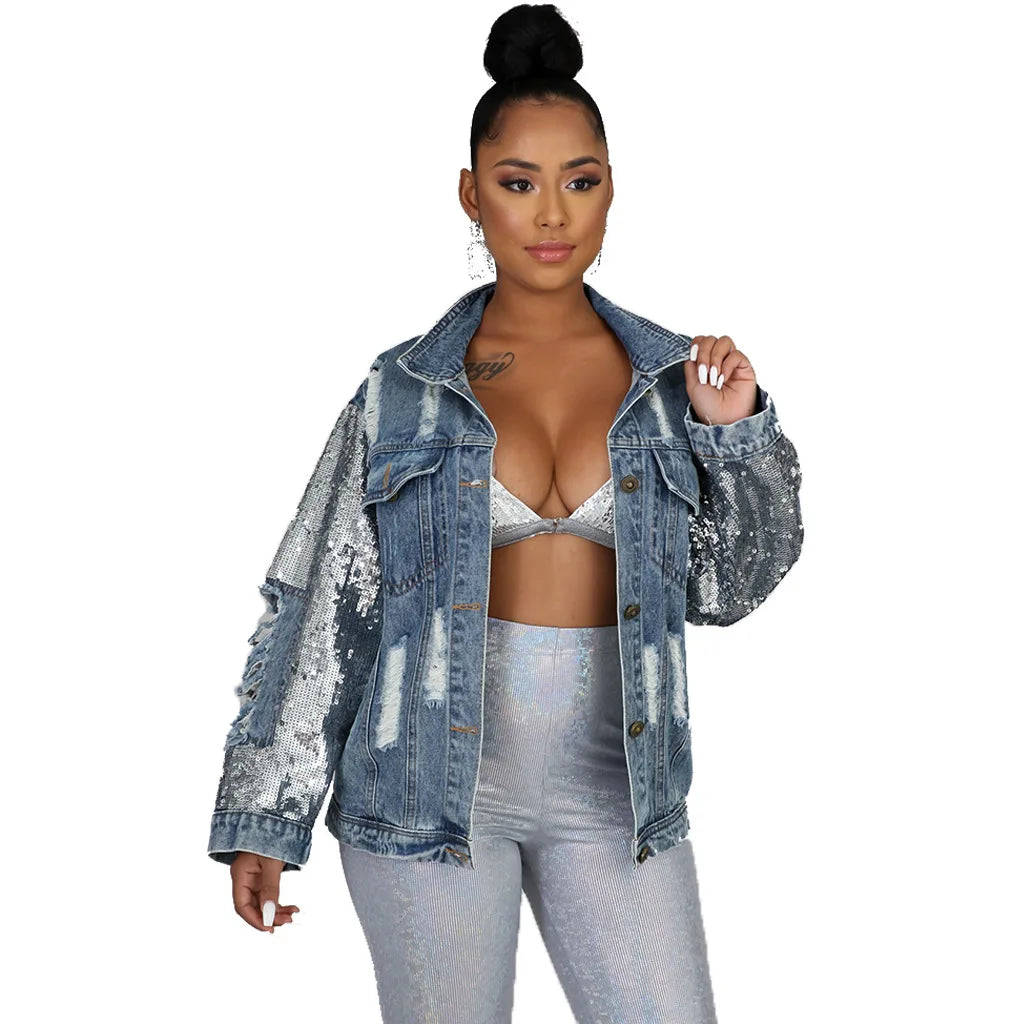 Jackets Women Denim Coat Hole Sequins Patchwork Single Breasted Turn Down Collar Y2k Vintage Streetwear 2025 Autumn Outerwear