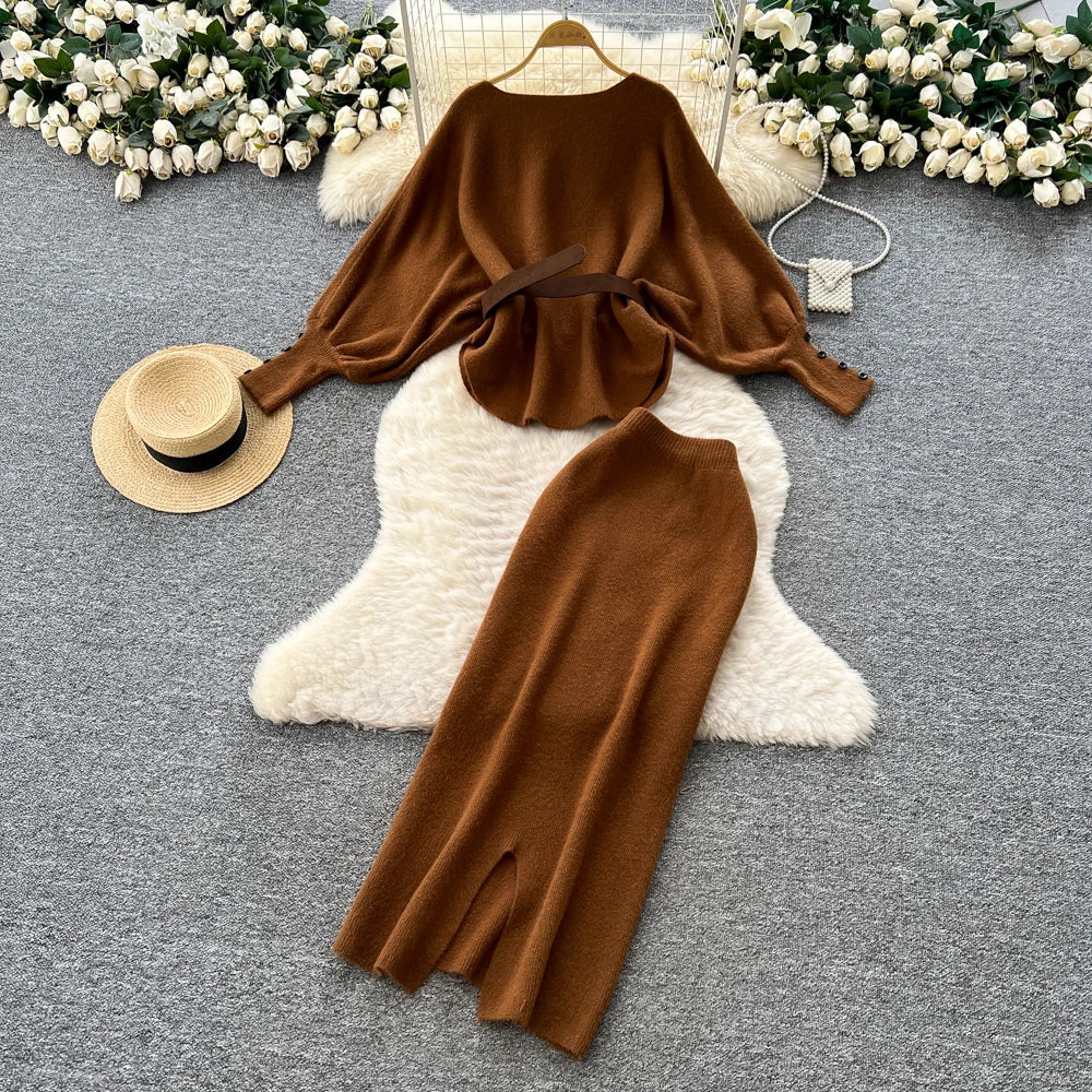 Batwing Sleeve Knit Top and High Waist Skirt Set for Women