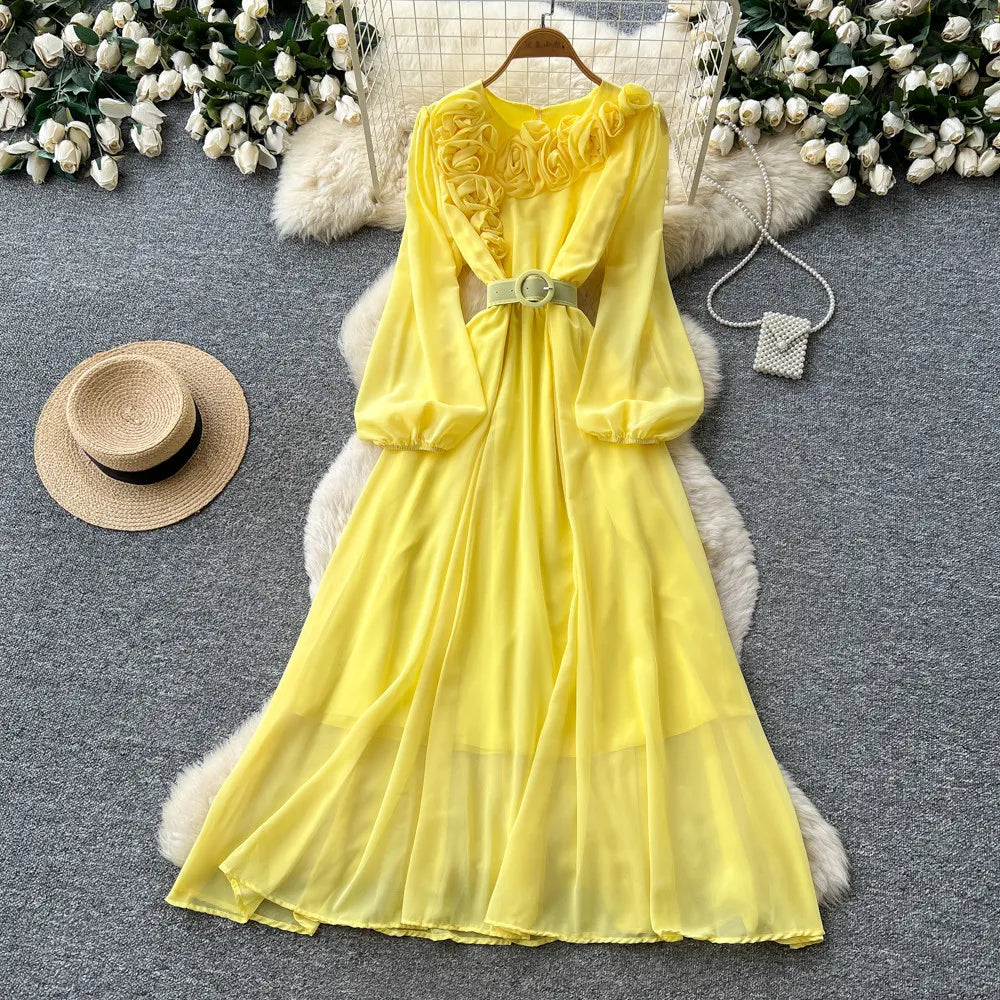 Floral Lace V Neck Long Sleeve A Line Midi Dress for Women