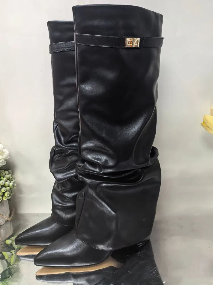 Pointed Toe Thick High Heel Mid Calf Boots for Women