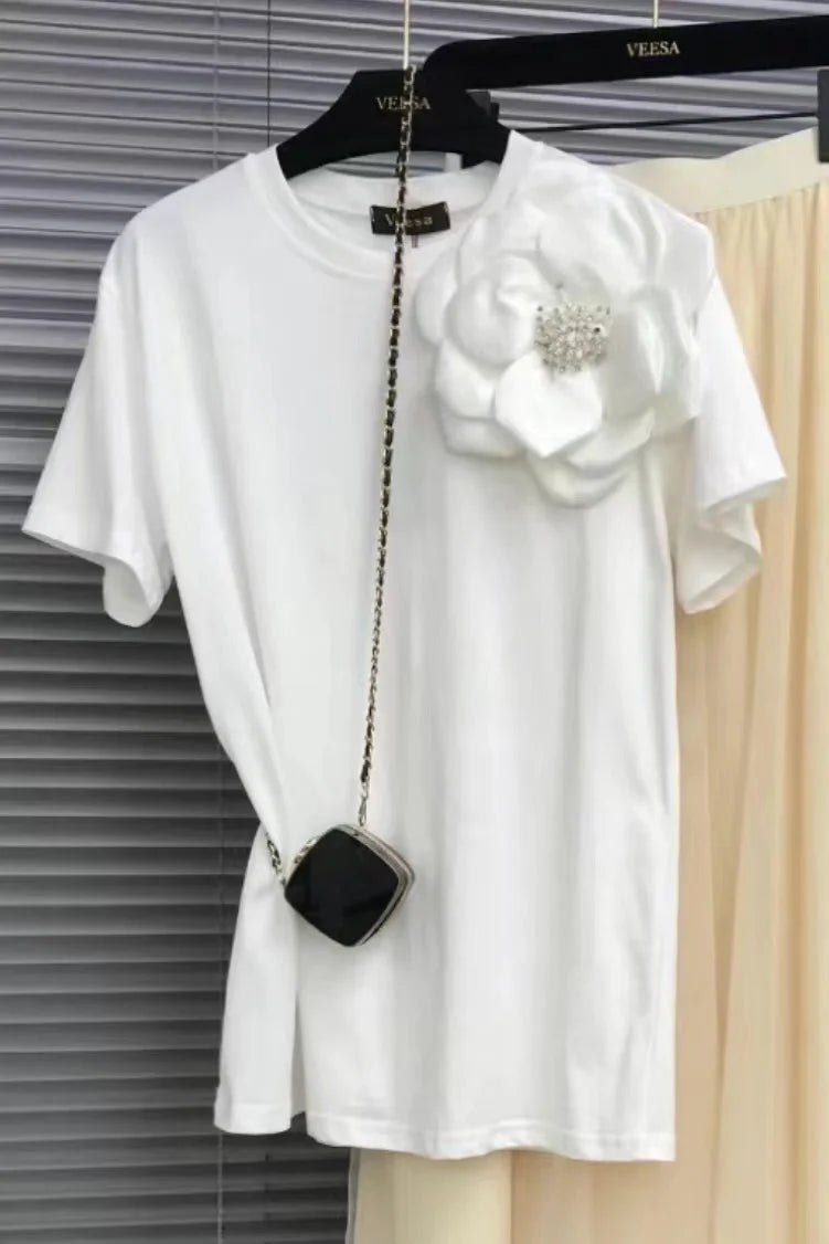 Three-Dimensional Beaded Floral Embroidery Short Sleeve T Shirt for Women
