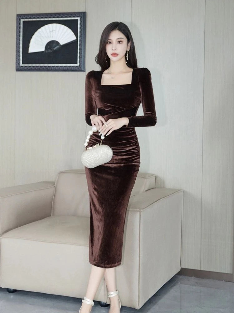 Elegant Women Velvet Dress High Waist Slimming Square Neck Long Sleeve Bodycon Wrap Hip Party Evening Gown