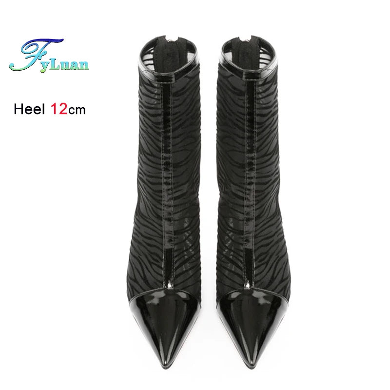 Elegant Black Mesh Stiletto Ankle Boots With Pointy Toe Rear Zipper For Women