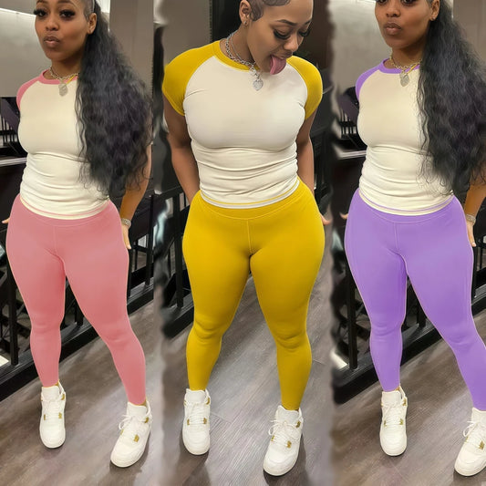 FAGADOER Casual Sporty 2 Pieces Set for Woman Color Block Short Sleeve T Shirts + Leggings Pants Tracksuits Female  Clothing New
