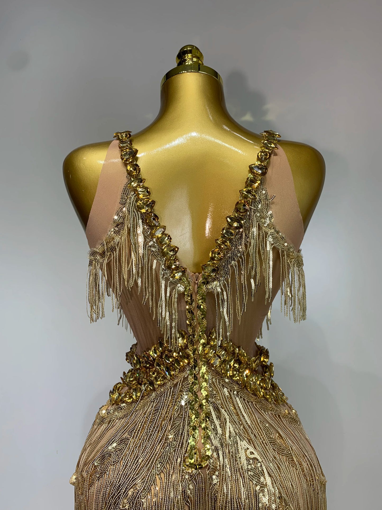 Gold Rhinestones Fringe Jumpsuit