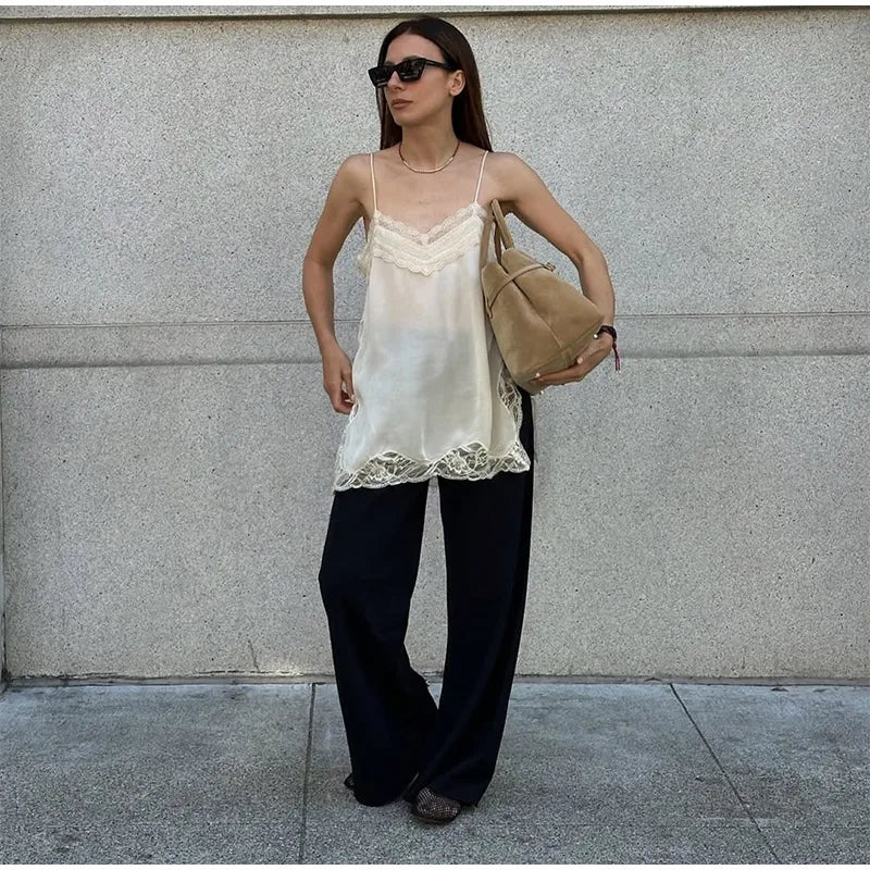 Brown Satin Lace Splicing Sling Dress Women Elegant Irregular Hem V Neck Backless Sleeveless Gown Chic Women Party Club Vestidos