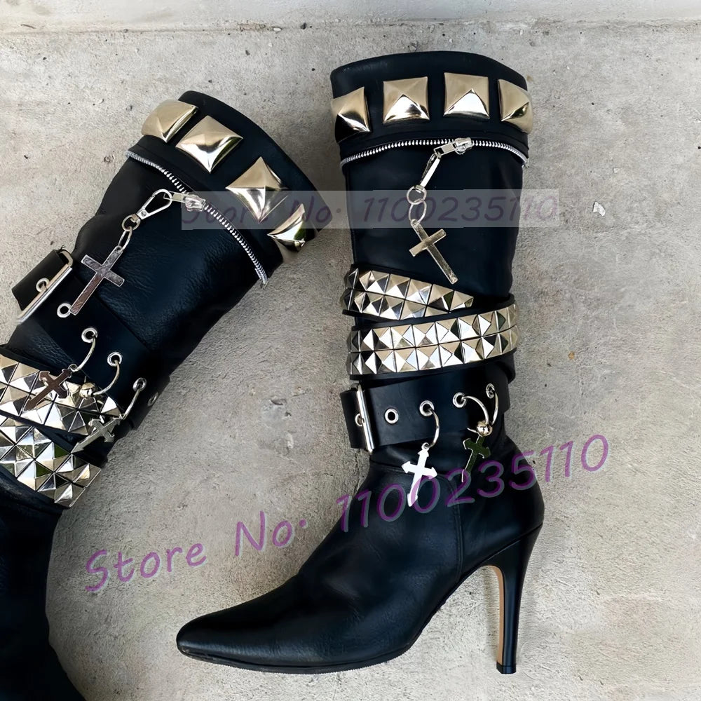Black Pointed Toe Thin Heel Knee High Boots For Women