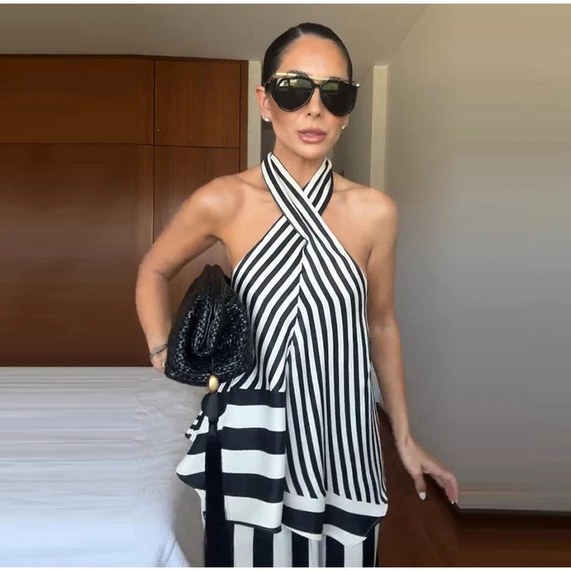 Striped Criss Cross Halter Two Piece Wide Leg Pants Set For Women